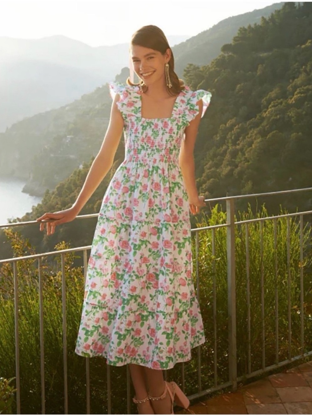 Hill House The Ellie Nap Dress Pink Roses Green Floral Midi Cotton Size XS